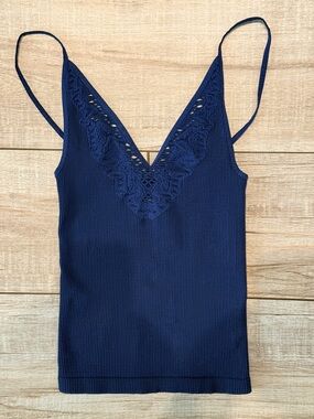 Free People Navy Ribbed Lace Trim Cami - Size M/L